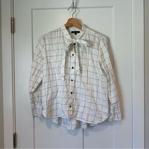 Madewell White Grid Windowpane Pattern Tie-Neck Button Down Top Blouse Small S